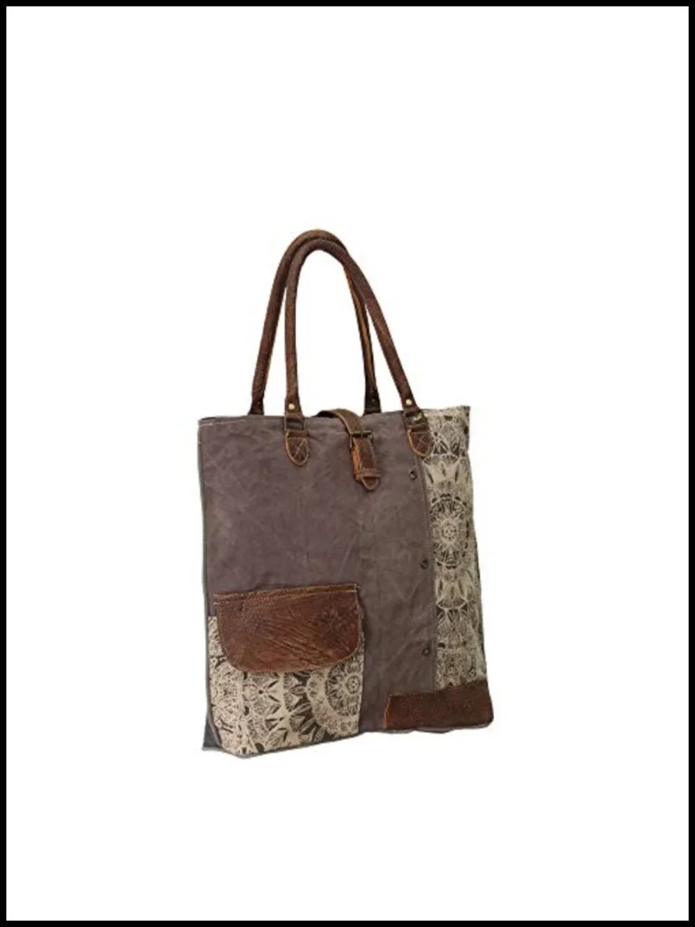 Canvas Boho Tote with Buffalo Leather Strap, Geometric Pattern